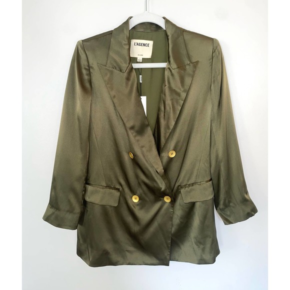 L’AGENCE green satin 3/4 sleeve collard blazer size 2 0063 - Picture 1 of 14